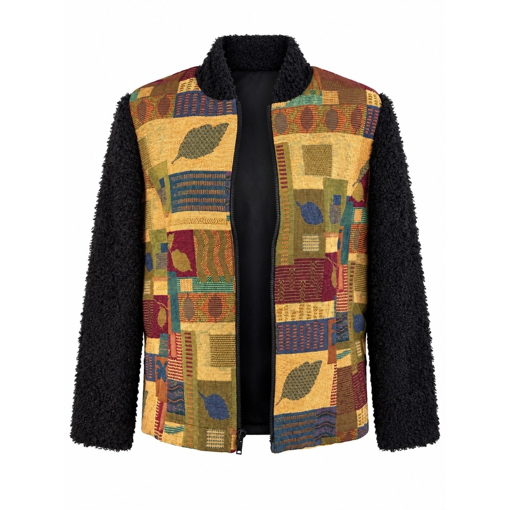 Cactus Flower Women's L Jacket Tapestry Black Fuzzy Artsy Boho Vintage